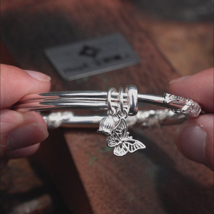 フラワーリーフ＆バタフライチャームブレスレット - S999 - L000832